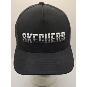 Skechers Black Trucker Hat Cap Snapback Mesh Back Spelled Out‎ Logo NWOT Shoes